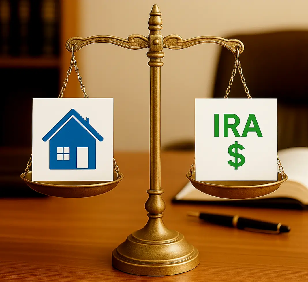 A Scale weighing an IRA and financial assets.