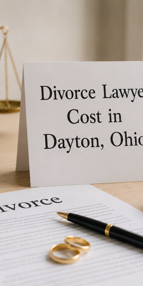 Divorce lawyer cost in Dayton, Ohio, with a gavel, legal documents, wedding rings, calculator, and family law books on a law office desk.