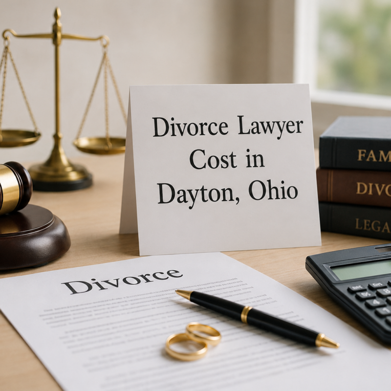 Divorce lawyer cost in Dayton, Ohio, with a gavel, legal documents, wedding rings, calculator, and family law books on a law office desk.